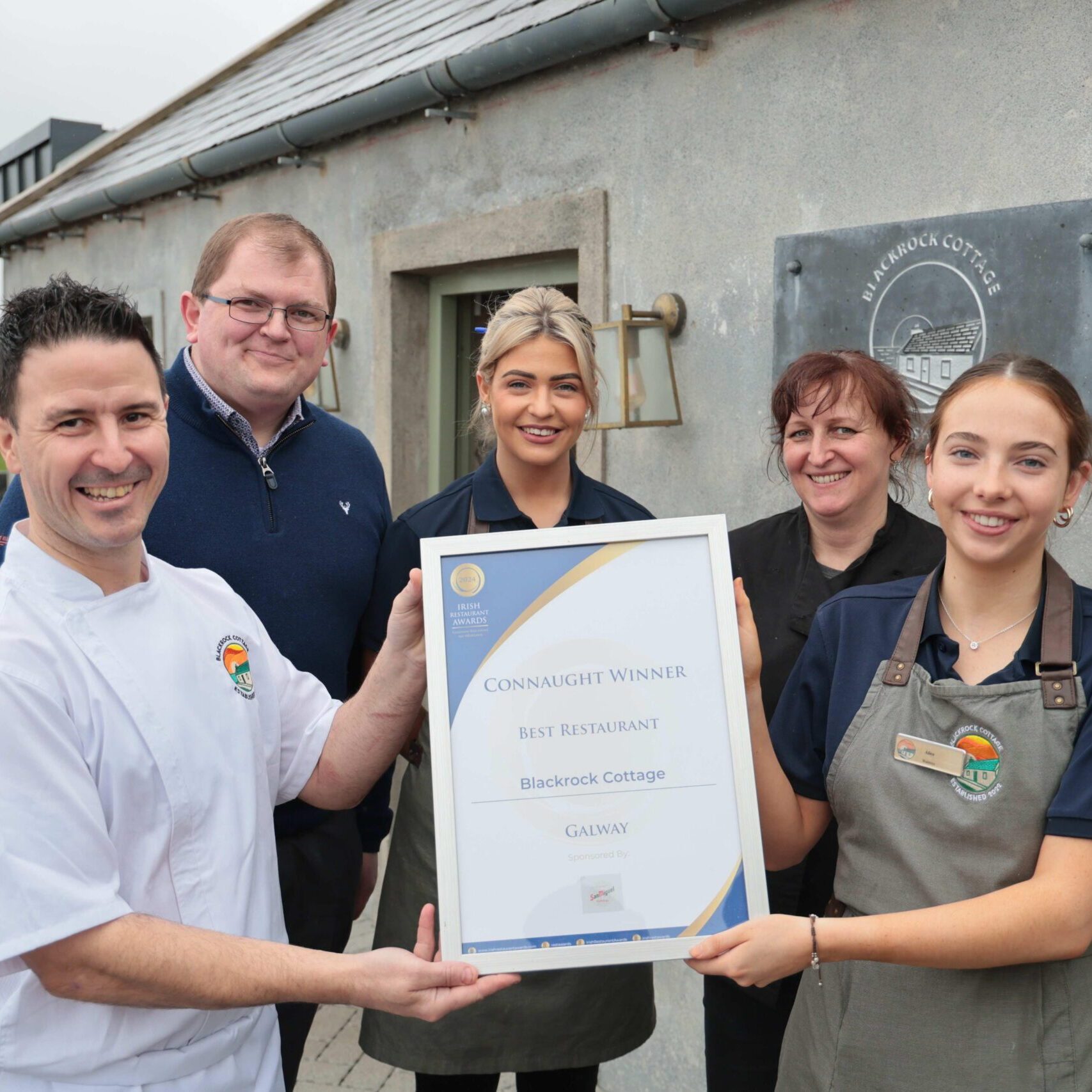 Martin O'Donnell, Executive Head Chef  with Mathieu Teulier, General Manager , Emer Ní Thuairiag, Helena Maltaric and Alice Kilfeather at The Blackrock Cottage with his latest Irish Restaurant Award. Photo: Mike Shaughnessy